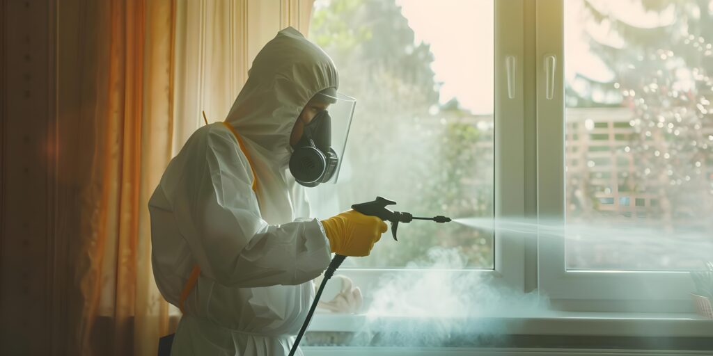 Pest control technician spraying pesticide along a home windowsill